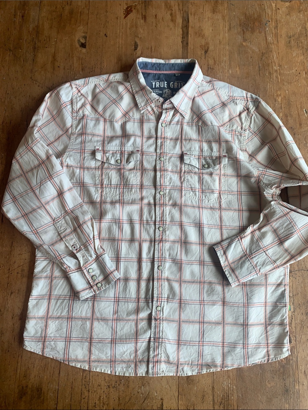 True Grit Men's White Shirt with Red Plaid Detailing
